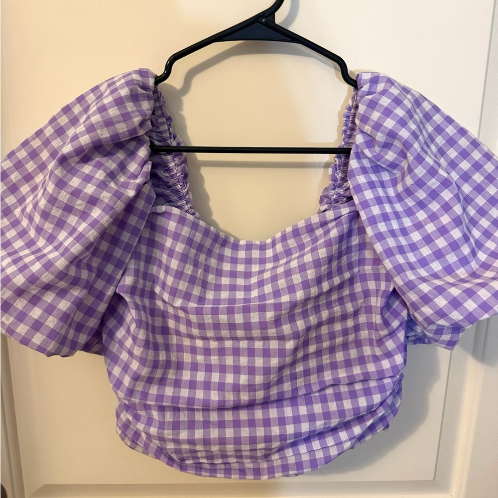 Purple and white blouse from boutique in Raleigh